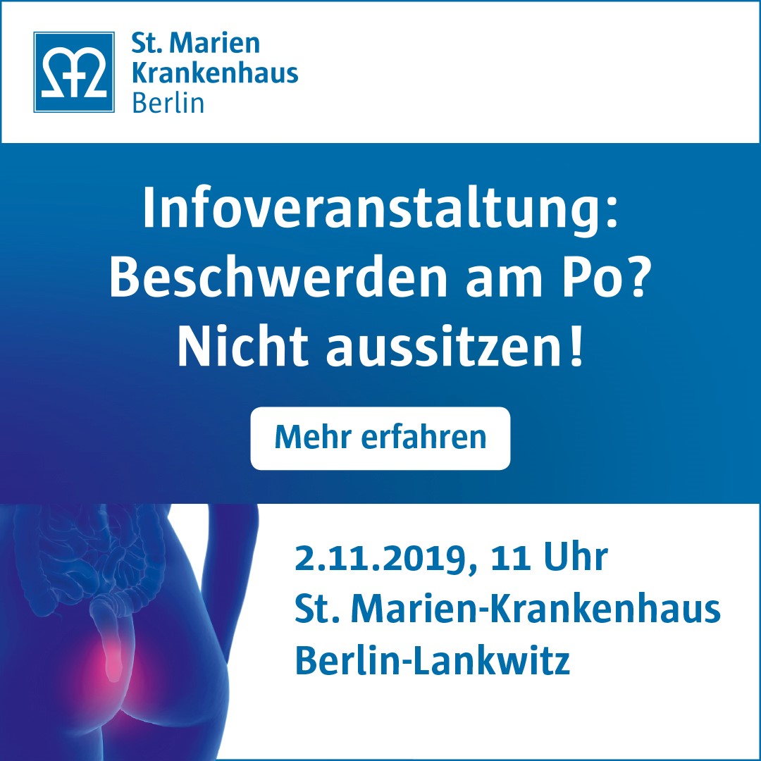 Die wichtigsten Infos zur Infoveranstaltung "Beschwerden am Po? Nicht aussitzen!" zum Thema Hämorrhoiden, die am 2. November 2019 im St. Marien-Krankenhaus Berlin stattfindet